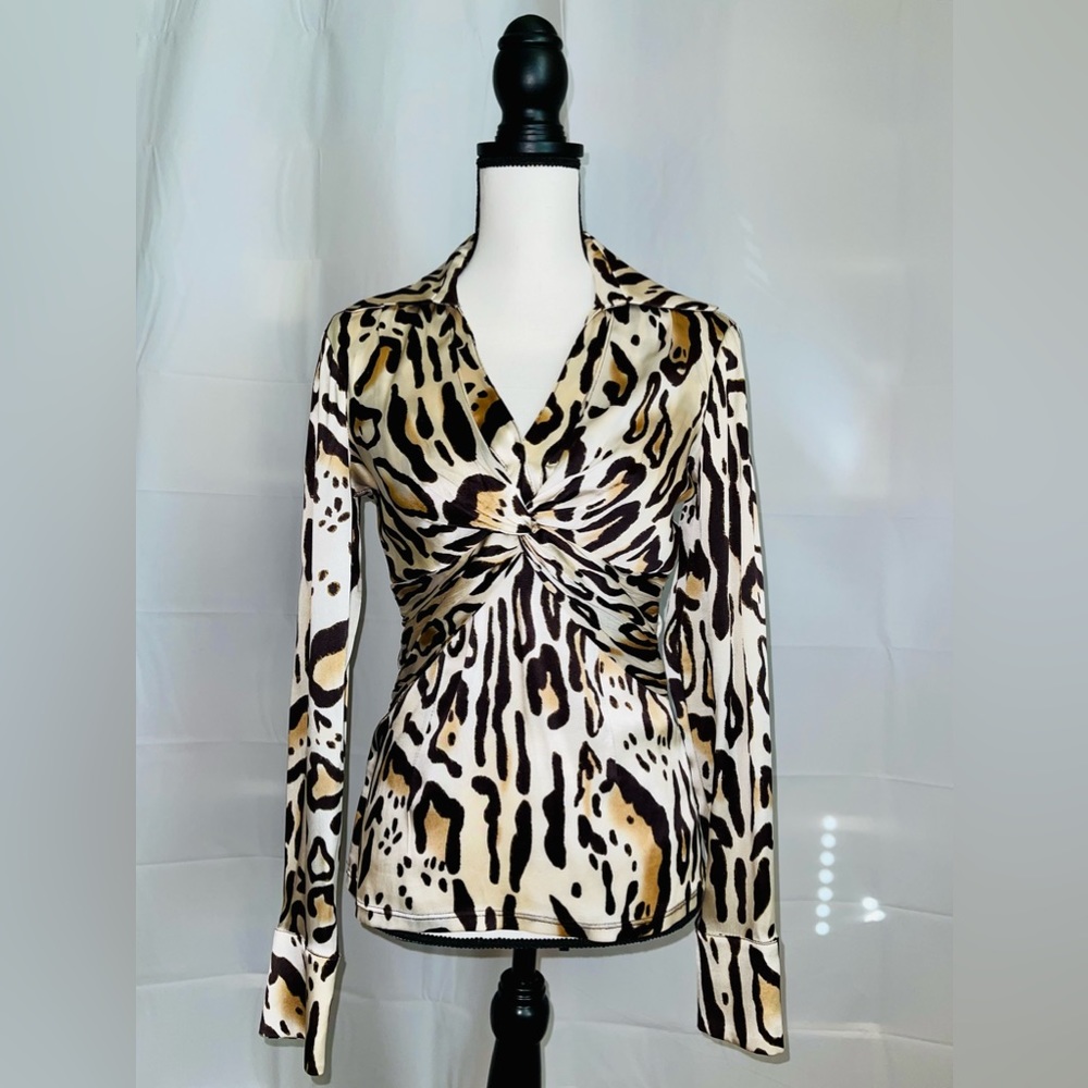 Caché Silk Animal Print Stretch Long Sleeve Blouse